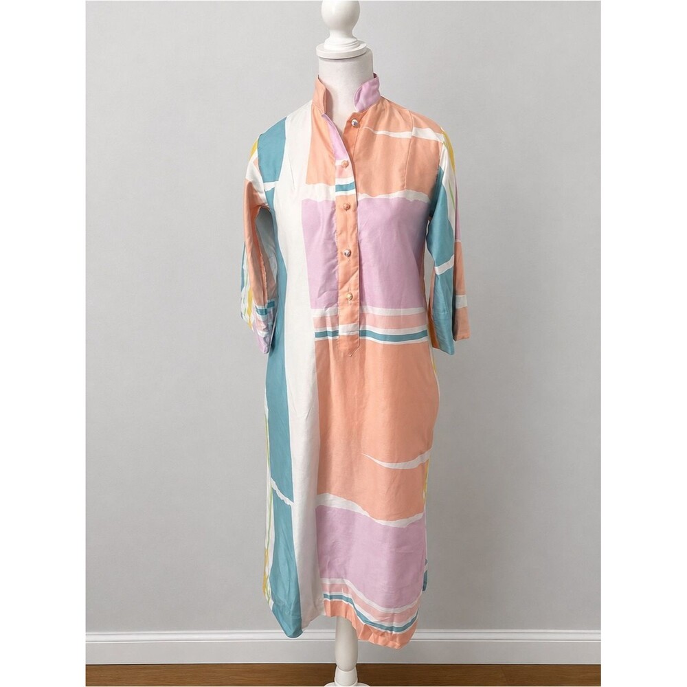 Catherine Ogust Penthouse Gallery Pastel Print Dress Caftan Vintage 80s XS